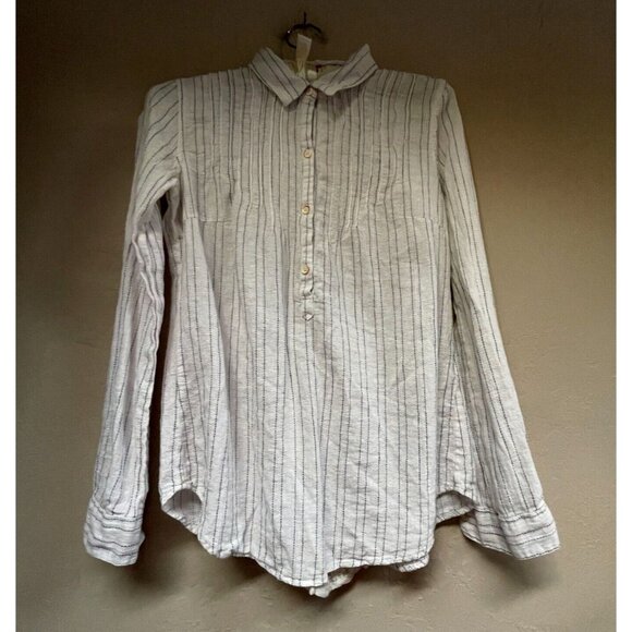 Isabelle Sinclair Womens Linen Blend Button Up Shirt Top XS White Striped Casual - Picture 1 of 9